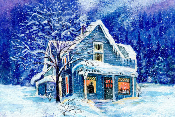 Новорічний малюнок з зимовим будиночком